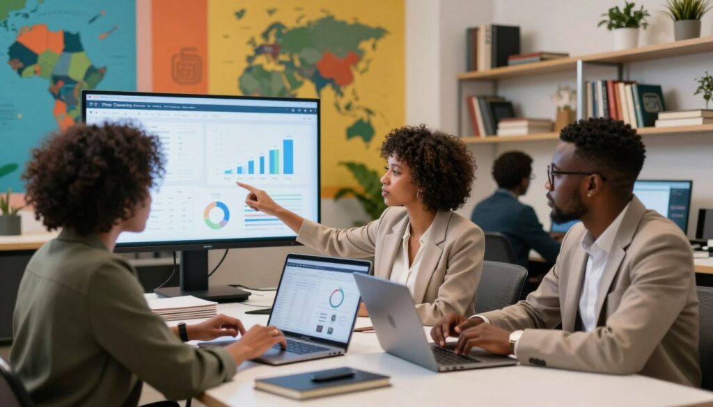 A vibrant workspace scene focused on the field of machine learning in Africa, featuring a diverse group of professionals engaged in discussions and brainstorming around a modern table. In the foreground, three individuals—two women and one man, dressed in smart business attire—analyze data on a laptop while pointing at graphs displayed on a large screen. In the middle ground, a colorful wall with digital art representing African technology landscapes adds character. The background contains shelves filled with books and a plant, emphasizing a creative atmosphere. Soft, ambient lighting enhances the professionalism of the environment. The composition conveys a sense of innovation, growth, and collaboration in the booming field of machine learning careers. House of Chrys logo subtly integrated into the scene with a modern aesthetic.