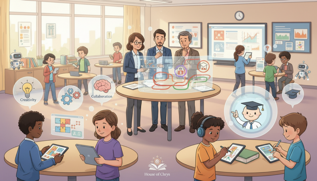 A visually engaging infographic-style illustration depicting the benefits and challenges of AI learning tools. In the foreground, a diverse group of children engaged in various learning activities using tablets and interactive screens, showcasing curiosity and enthusiasm. The middle ground features a thoughtful educator discussing the technology's implications with fellow educators, all dressed in professional attire. The background illustrates a vibrant classroom filled with AI learning tools like smart whiteboards and educational AI interfaces. Soft, natural lighting casts a warm glow, creating an inviting atmosphere. Elements representing benefits, like collaboration and creativity, contrast with challenges, such as privacy concerns and screen time, subtly integrated within the scene. The overall mood is optimistic yet contemplative, with a balanced composition that invites reflection on the role of AI in education. The brand "House of Chrys" is incorporated in a subtle manner without overt branding.