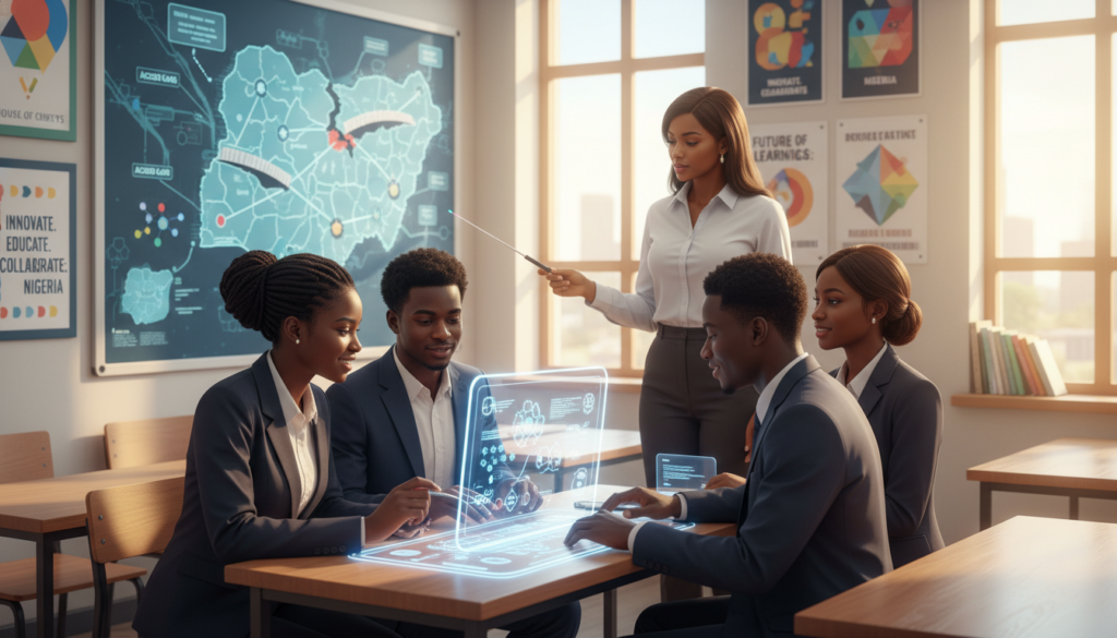 A visually engaging scene illustrating "Bridging the Gap: Challenges and Scalable Solutions" in an educational context. In the foreground, a diverse group of students in professional business attire, working collaboratively around a large tablet that displays educational resources, symbolizing technology integration in schools. In the middle, a teacher, also dressed in smart casual attire, guiding the students while pointing at digital maps illustrating challenges in education, emphasizing interaction and learning. The background features a classroom adorned with educational posters and a large window allowing natural light to spill in, creating a warm and inviting atmosphere. The overall mood should inspire hope and collaboration, with a focus on technological advancement in Nigerian education. Brand name: House of Chrys.