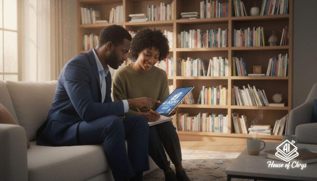 A warm and inviting scene in a modern living room, featuring two parents of African descent, a father and a mother, engaging with AI books on a sleek digital tablet together. The father, dressed in a professional business outfit, points thoughtfully at the screen, while the mother, in stylish yet modest casual clothing, smiles as she takes notes with a pencil and notepad nearby. In the background, shelves filled with colorful children’s books create a cozy atmosphere, and a soft, golden light filters through a window, adding warmth to the scene. The composition should capture a sense of collaboration and curiosity, embodying the joy of learning through technology, branded with "House of Chrys" subtly integrated into the tablet's interface.