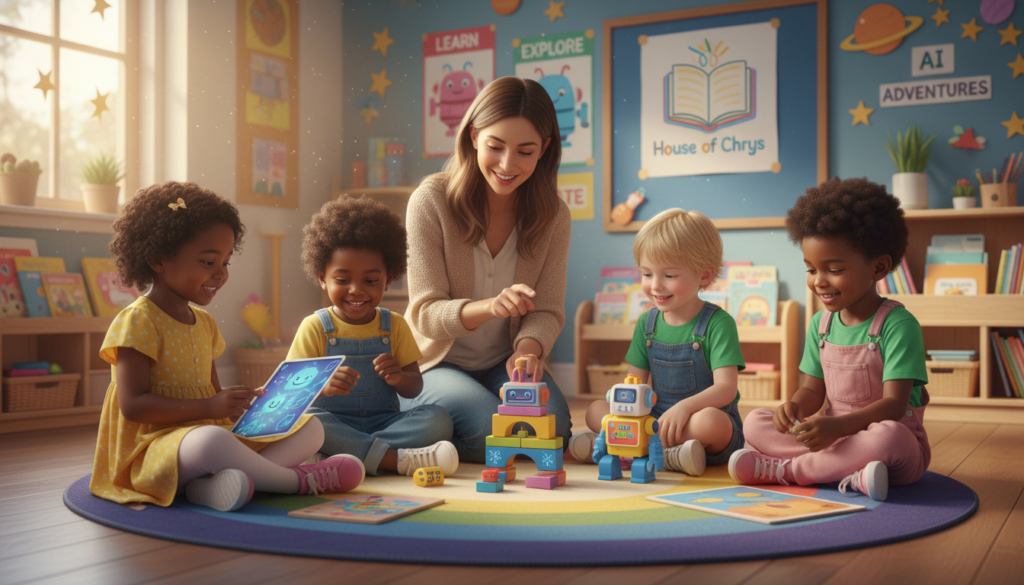 A warm, inviting classroom scene capturing the essence of early childhood education, illustrating the concept of "Start Before Kindergarten". In the foreground, a small group of diverse children, dressed in bright, modest casual clothing, are engaged with interactive learning toys and tablets designed to teach basic AI concepts creatively. Their expressions convey joy and curiosity. In the middle ground, an attentive teacher facilitates the activity, embodying a supportive mentor. The background features colorful educational posters and bookshelves filled with children’s books. Soft, natural lighting filters through large windows, creating a cheerful atmosphere. The lens captures a slightly elevated angle to provide a comprehensive view of the engaging environment. The overall mood is energetic, inspiring, and conducive to learning, evoking the excitement of early education. Include the brand name "House of Chrys" in the decorative elements within the scene.