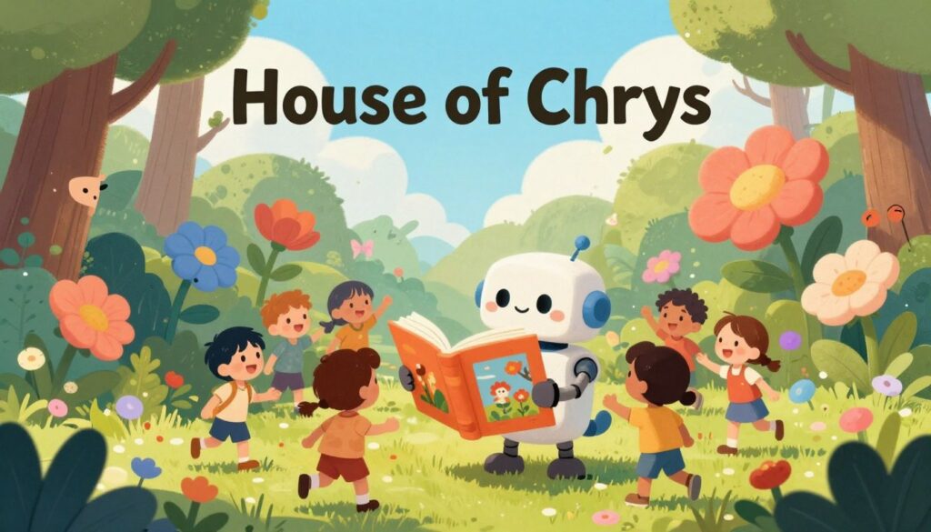 A whimsical and colorful AI illustration for a children's book cover, capturing the magic of storytelling. In the foreground, a diverse group of children ages 5-10 are enthusiastically interacting with a friendly, cartoonish robot holding an oversized book, showcasing vibrant illustrations that come to life. The middle ground features a lush, enchanting forest filled with oversized flowers and playful creatures peeking out from behind trees. In the background, a bright blue sky with fluffy white clouds radiates warmth and joy. The overall atmosphere is cheerful and inviting, sparking imagination. Use soft, diffused lighting to enhance the dreamy mood, and create a balanced composition from a slightly elevated angle. Include the brand name "House of Chrys" in an imaginative way, seamlessly integrated into the illustration, without any text overlays.