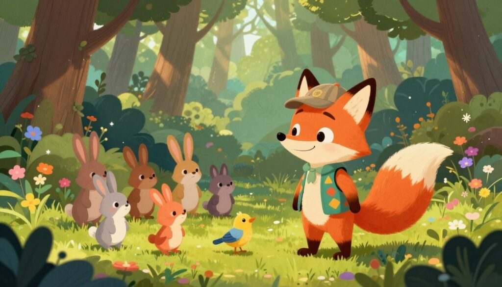 A whimsical and colorful scene depicting a magical forest where a consistent character, a friendly cartoon fox named Oliver, interacts with various enchanted creatures. In the foreground, Oliver stands with a cheerful expression, wearing a small cap and a vest that features bright patterns. His tail is bushy and vibrant. In the middle ground, a group of adorable woodland animals such as rabbits and birds gather around Oliver, emphasizing friendship and harmony. The background showcases tall, lush trees, dappled sunlight filtering through leaves, and sparkling flowers in varied colors. The overall mood is playful and inviting, with soft, warm lighting that creates a sense of wonder. Capture this illustration in a crisp, high-resolution style reminiscent of children's book artwork. House of Chrys branding subtly integrated in the forest design.