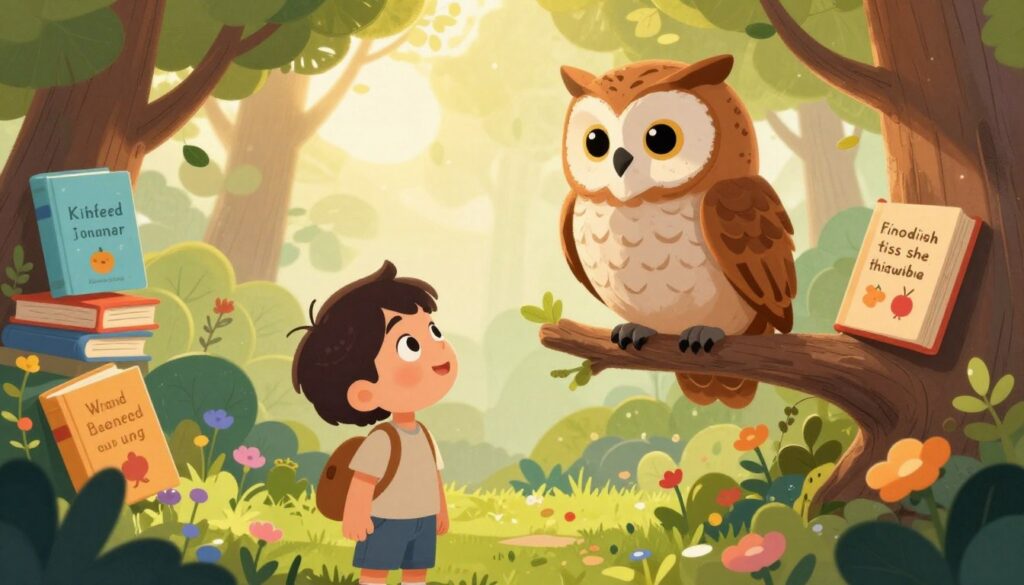 A whimsical, colorful scene depicting a wise, gentle owl perched on a branch, surrounded by vibrant storybooks that illustrate various moral lessons like kindness, honesty, and courage. In the foreground, a curious child with bright eyes gazes up at the owl, wearing modest casual clothing, captivated by the tale being told. In the middle ground, lush greenery and flowers enhance the feeling of an enchanting forest, while the background features soft, golden sunlight filtering through the leaves, creating a warm and inviting atmosphere. The mood is magical and inspirational, encouraging a love for storytelling and learning. The image should embody the essence of moral lessons within a children's book setting. House of Chrys.