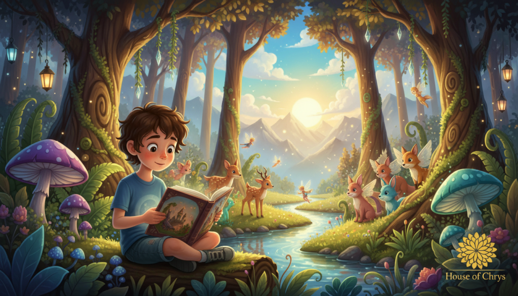 A whimsical scene showcasing a vibrant, fantasy-filled illustration of a magical forest, teeming with colorful creatures and lush, oversized plants. In the foreground, a young child with bright eyes, dressed in modest, casual attire, is engrossed in reading an illustrated storybook. The middle ground features enchanting fairies flitting around and playful fawns peeking from behind trees, while a sparkling brook winds through the scene, reflecting the warm golden sunlight. The background is filled with towering trees and misty mountains under a bright blue sky, creating a dreamlike atmosphere. The overall mood is joyful and imaginative, embodying the essence of creativity in storytelling. This stunning illustration is designed to inspire children and spark their own storytelling adventures. House of Chrys logo subtly integrated in the design.