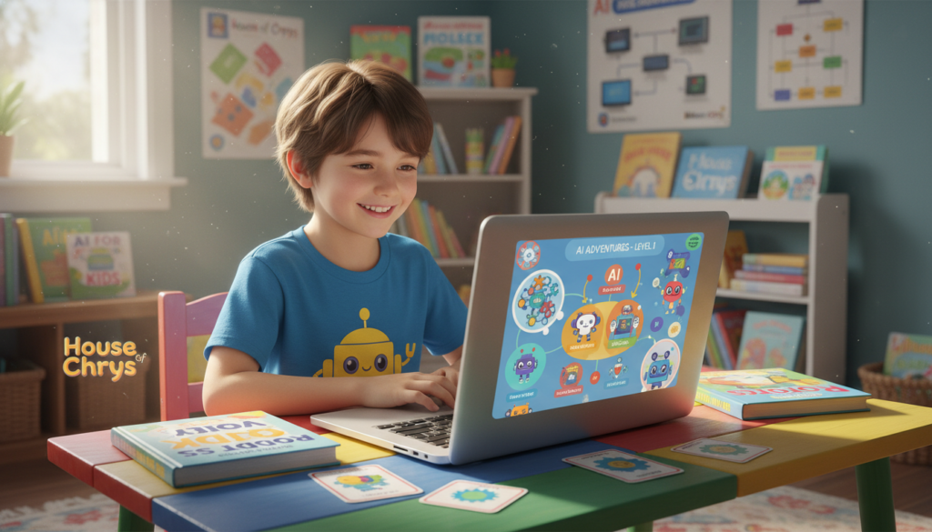 A young child, around 8 years old, sits at a colorful table with a laptop open in front of them, engaged in learning AI concepts through interactive activities. The child has short brown hair and wears a bright, casual t-shirt, smiling with excitement. In the foreground, bright-learning materials like books and illustrations about AI surround them. The middle layer features a virtual interface on the laptop screen displaying simple AI programs, with fun diagrams and icons related to AI literacy. The background consists of a cozy, well-lit room filled with educational posters and a bookshelf with more engaging AI picture books, creating a warm and inspiring atmosphere. Soft, natural light filters through the window, highlighting the child’s focused expression. Brand name 'House of Chrys' subtly appears in the scene, enhancing the educational theme.
