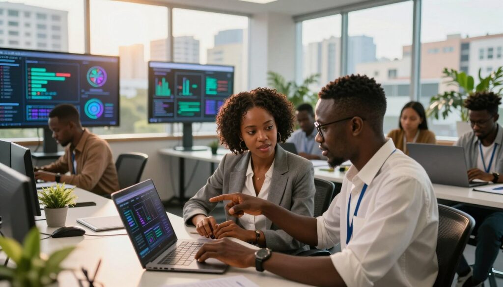 African parent guiding child's relationship with AI based on human dignity values