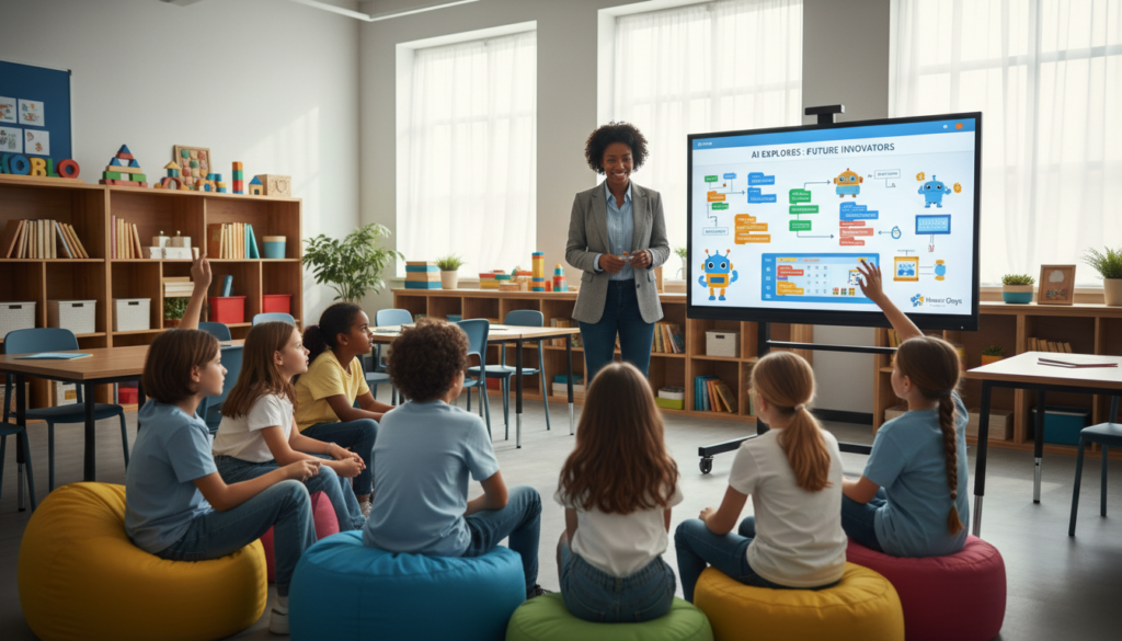 An engaged educator stands at the front of a modern classroom, integrating AI literacy into lessons. The foreground features a diverse group of attentive students, ages 8-12, with curious expressions, sitting in a semi-circle. In the middle layer, the educator, dressed in professional attire, uses a digital whiteboard displaying colorful AI-related graphics and educational tools, such as coding blocks and robots. The background shows shelves filled with books on technology and learning materials, with large windows allowing warm, natural light to flood the room, creating a lively and inviting atmosphere. The scene is vibrant, emphasizing collaboration and innovation, embodying the theme of education in the digital age. House of Chrys.