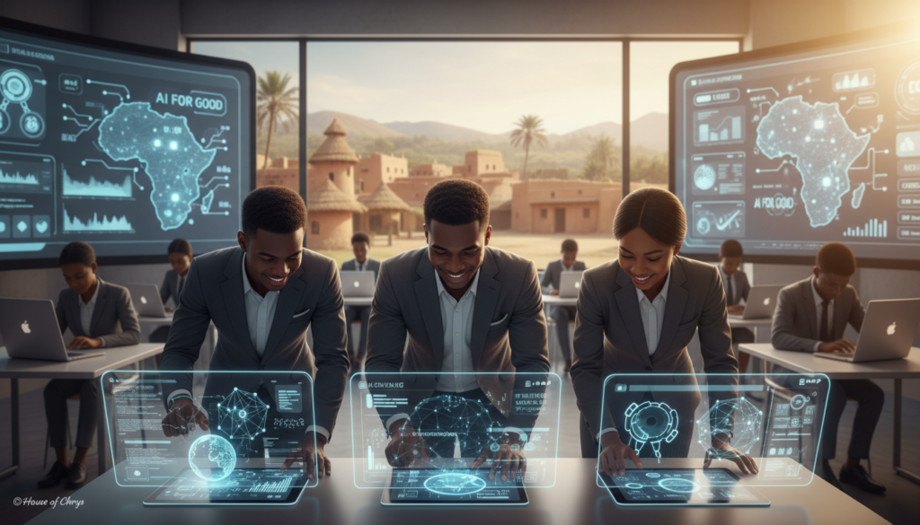 An inspiring scene depicting emerging trends in AI education in Africa. In the foreground, a diverse group of three young adults, dressed in professional business attire, actively engage with futuristic digital learning tools and tablets. The middle ground features a vibrant classroom setting with large interactive screens displaying AI advancements and educational content. In the background, a soft-focus view of an African landscape with traditional buildings and greenery, symbolizing the blend of culture and technology. Soft, natural lighting enhances the bright atmosphere, with a slight lens flare to emphasize innovation. This image captures the transformative impact of AI on education in Africa, reflecting hope and progress. Inspired by House of Chrys.