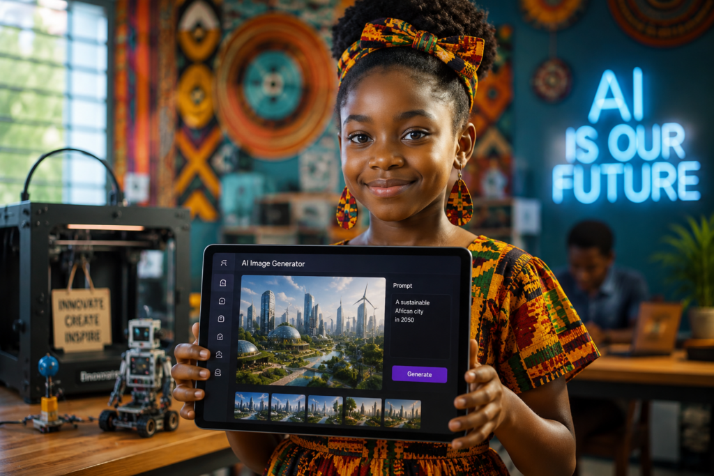 Confident young African girl holding a tablet displaying her own AI powered creation, proud and brilliant expression, colorful at House of Chrys.