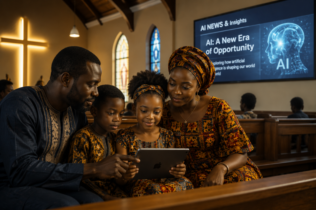 African Christian family engaging with Pope Leo XIV message about AI
