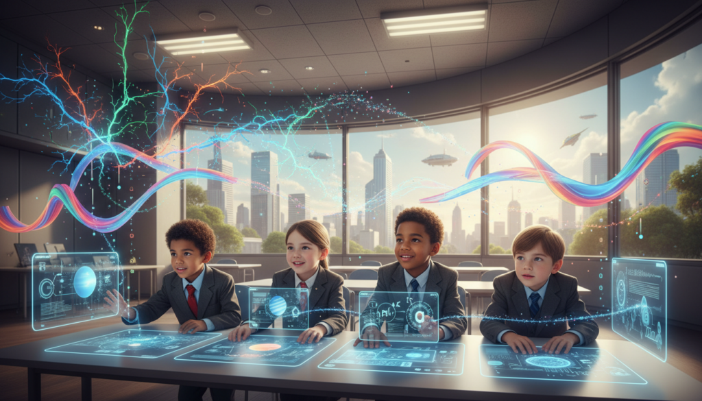 Cognitive learning pathways highlighted with technology, depicting vibrant neural networks intertwined with colorful digital elements and interactive screens. In the foreground, a diverse group of children, dressed in professional business attire, explores these pathways with curiosity, engaging with holographic educational tools. The middle ground features abstract representations of AI concepts, like algorithms and data flows, connecting to the children’s activities. The background showcases a futuristic classroom environment bathed in soft, ambient lighting, with large windows revealing a bright, optimistic cityscape. The atmosphere is one of exploration and innovation, symbolizing growth and potential in child development. This image, created by House of Chrys, captures the essence of understanding AI's impact on education.