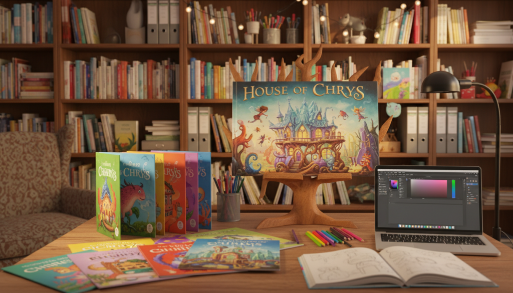 Create a cozy and inviting workspace focused on children's book design. In the foreground, feature a beautifully arranged table with a variety of colorful book covers, some opened to showcase vibrant illustrations. Include tools like pencils, sketchbooks, and a laptop displaying a design software interface. In the middle, display a large, whimsical book stand with a unique book titled "House of Chrys" prominently displayed, illustrating playful and imaginative artwork. The background should have shelves filled with books and art supplies, illuminated by warm, soft lighting to evoke creativity. Use a shallow depth of field to emphasize the foreground elements, creating a cheerful and inspiring atmosphere.