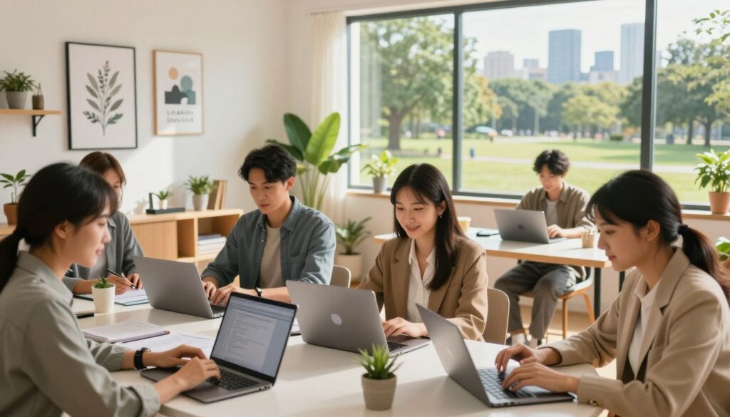Create a vibrant and engaging image showcasing the benefits of remote work flexibility. In the foreground, depict a diverse group of professionals, dressed in smart business attire, collaborating around a modern workspace with laptops and digital devices. In the middle ground, illustrate a cozy home office environment with large windows letting in natural light, featuring plants and motivational artwork that foster creativity. In the background, include a serene outdoor scene with a park or city skyline, symbolizing the freedom and flexibility of remote work. Use warm, inviting lighting to create an atmosphere of productivity and well-being. Capture this scene with a wide-angle lens to emphasize both the workspace and the beautiful surroundings. The brand "House of Chrys" subtly incorporated as a logo on one of the laptops in the foreground.