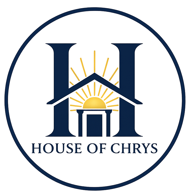 House of Chrys logo featuring a stylized H shaped as a house with a rising sun, symbolizing wisdom, preparation, and the next generation.