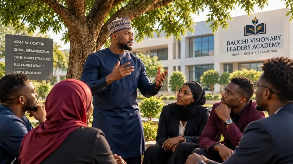 Young African professionals learning advanced sovereign financial strategies outdoors in Nigeria.