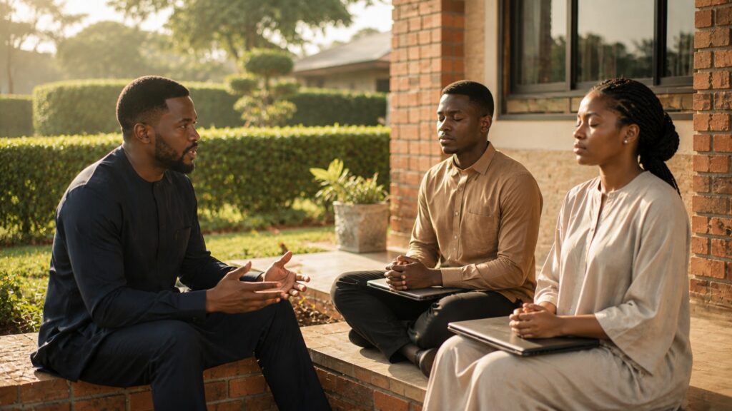 Young Nigerian professionals learning advanced internal concentration exercises outdoors with a mentor.